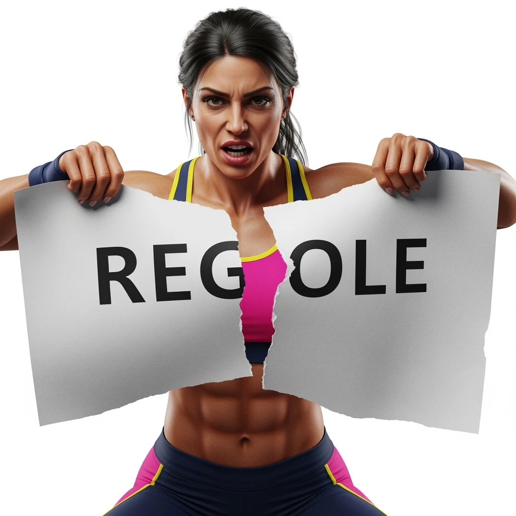 DONNA FITNESS CHE STRAPPA UN FOGLIO CON LA SCRITTA "REGOLE", IPERREALISTICA 4K, SENZA SFONDO emoji