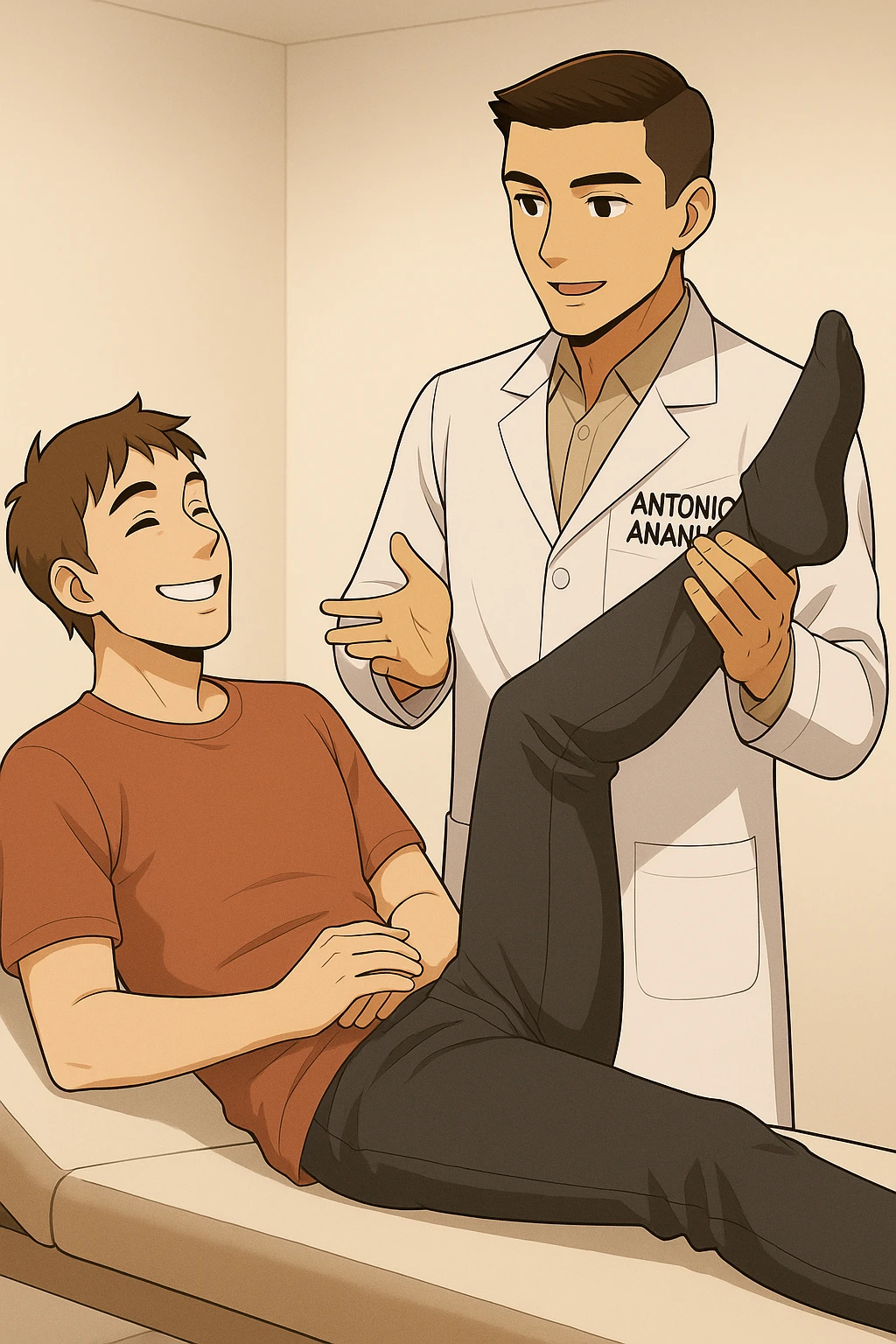fai un webtoon manga a colori con questo stile, in cui un uomo è steso sul lettino medico e il kinesiologo con il camice bianco (fagli anche la scritta "ANTONIO ANANIA" SUL CAMICE, gli solleva una gamba per fargli il test neuromuscolare, IL KINESIOLOGO SPIEGA ALL'UOMO UNA cosa mentre gli alza la gamba. l'espressione dell'uomo è felice e soddisfatta, non fare i fumetti però, fai solo in modo che sembri stiano parlando, il lettino fai in modo che si veda tutto intero emoji
