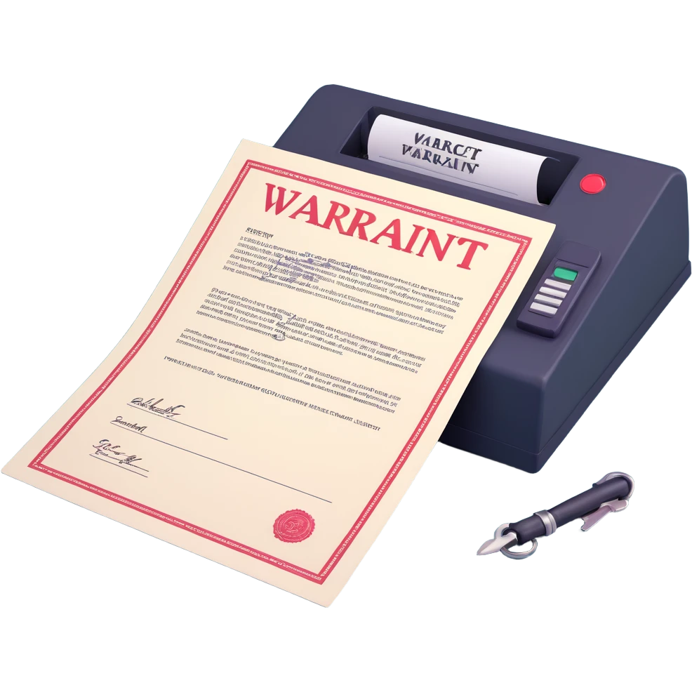 Make the paper of the 3D arrest warrant document icon more white, keeping the large 'WARRANT' at the top, body text, signature, and official stamp at the bottom. Maintain the previous 3D and icon-like style with bright lighting and transparent background. emoji