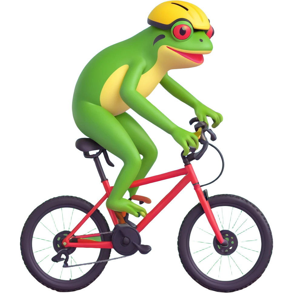 Add a helmet to the frog riding a full suspension mountain bike, keep the 3D emoji style, with no background. emoji