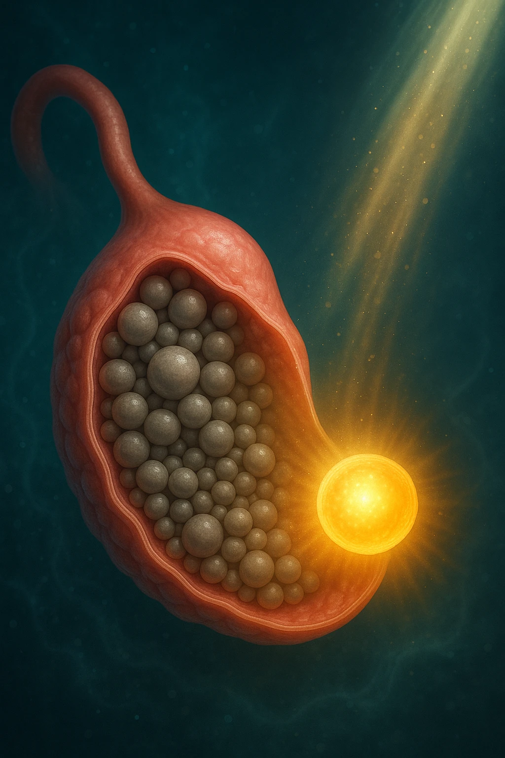 Scientific visualization of a polycystic ovary transforming. The ovary, initially filled with many small, dormant follicles like a cluster of grey pearls, begins to be nurtured. A focused, gentle light and nutrient-rich energy encourage one dominant follicle to mature and glow with a healthy, golden light, symbolizing successful preparation. emoji