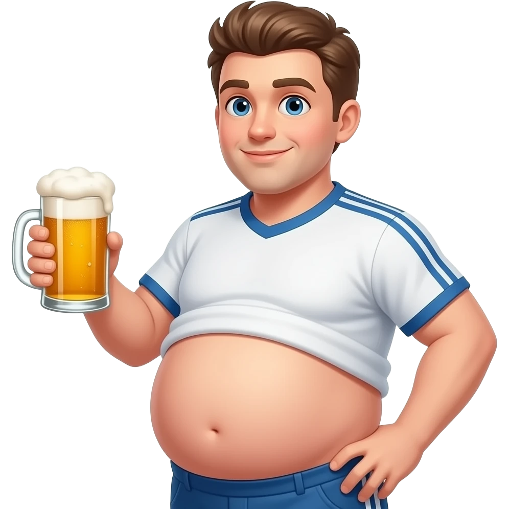Zrób chłopak 13 latek z piwny brzuchem kształt jak piłka twarty brzuch i bardzo ogromny brzuch i trzyma piwo emoji