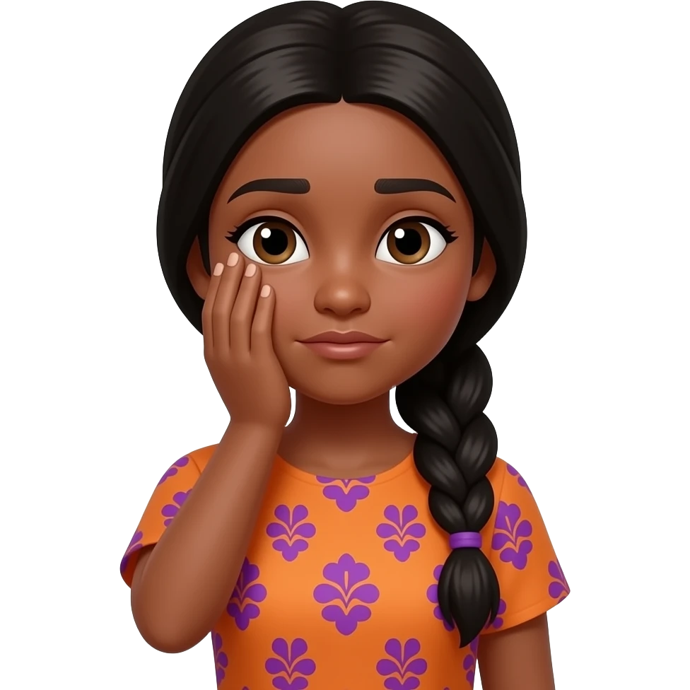 brown skin, long black hair in a braid, orange dress with purple patterns girl who is face palming with her hand covering half of her face emoji
