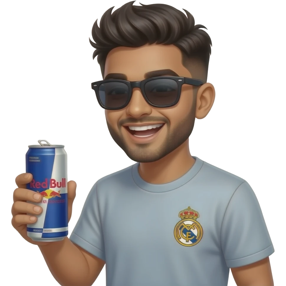 Indian young boy, athlete build laughing,, late teens, with light trimmed beard, side fades with messy spikes hairstyle, drinking red watermelon Can Red Bull with big dark black wayfarers and Real Madrid logo tshirt emoji