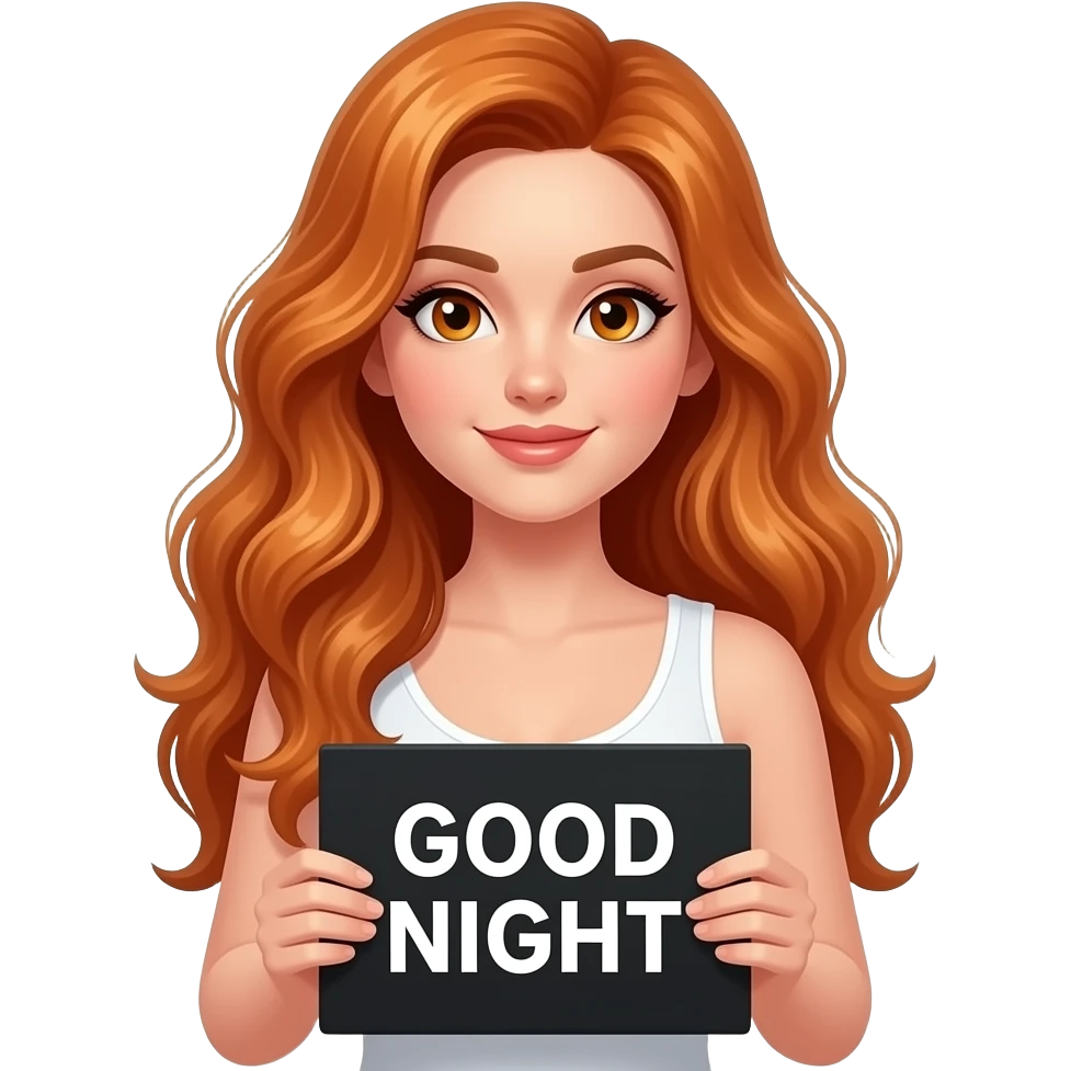 sexy girl with long wavy ginger hair and ginger eyes wearing a white tanktop is holding a black colored sign with GOOD NIGHT written on it emoji