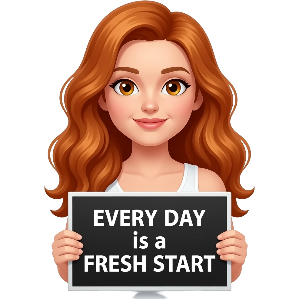 sexy girl with long wavy ginger hair and ginger eyes wearing a white tanktop and is holding a black sign with EVERY DAY is a FRESH START written on it emoji