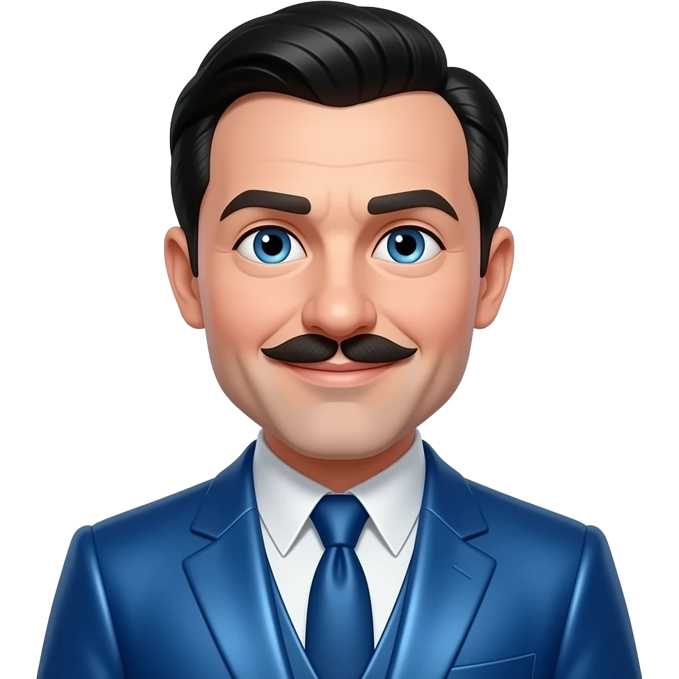 Walt Disney with blue eyes, black hair and thin mustache, blue metallic suit emoji