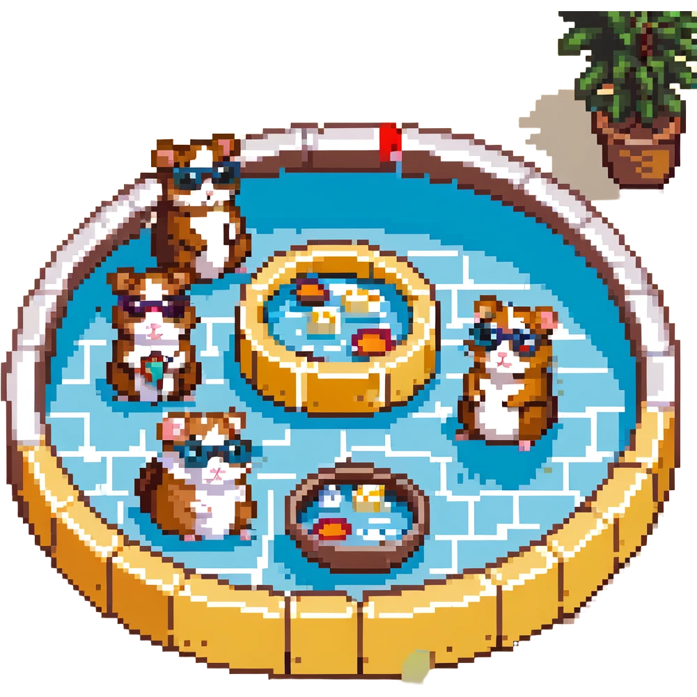 a group of hamsters at a weed-themed pool party with cheese, cult-like vibe, pixel art style emoji