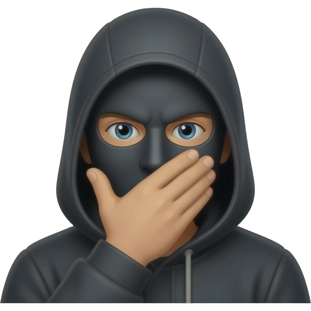 Homem vestido com máscara de hacker de preto tampando a cara com uma mao, com a mão no meio da cara emoji
