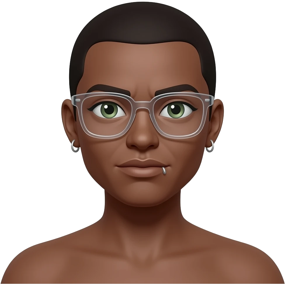 De ella solo se muestra desde el cuello para arriba. Es de piel morena y de estilo 3d piel realista. Tiene arito en cada oreja. Tiene un pequeño piercing en un costado del labio. Tiene lentes tranparentes. Tiene ojos verdes claro con cejas poquito frunzidas. emoji