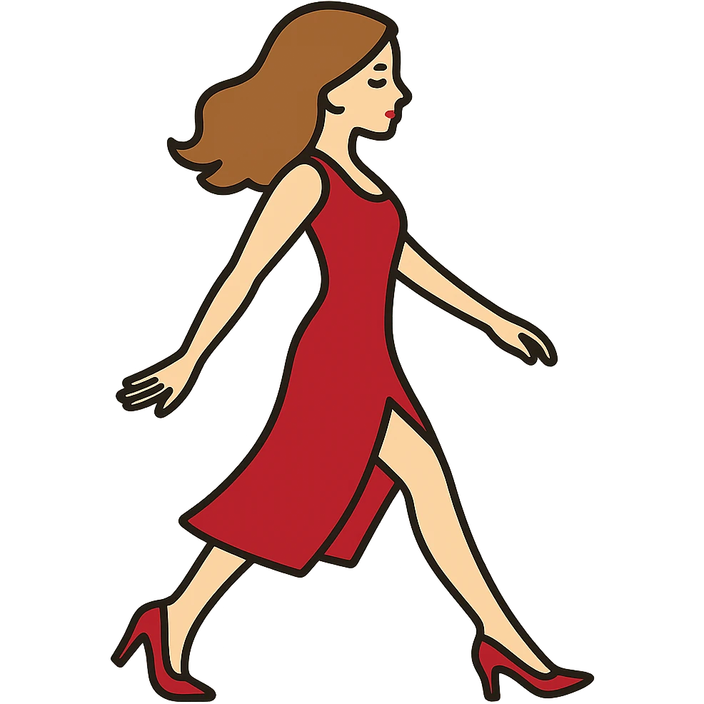 Depict the same girl from the previous reference (Screenshot_16.png) with the same appearance, hairstyle, red dress, and shoes in the style and color as before, but with the arm and leg positions as shown in the new sketch (1 (2).png). The background should be transparent. emoji