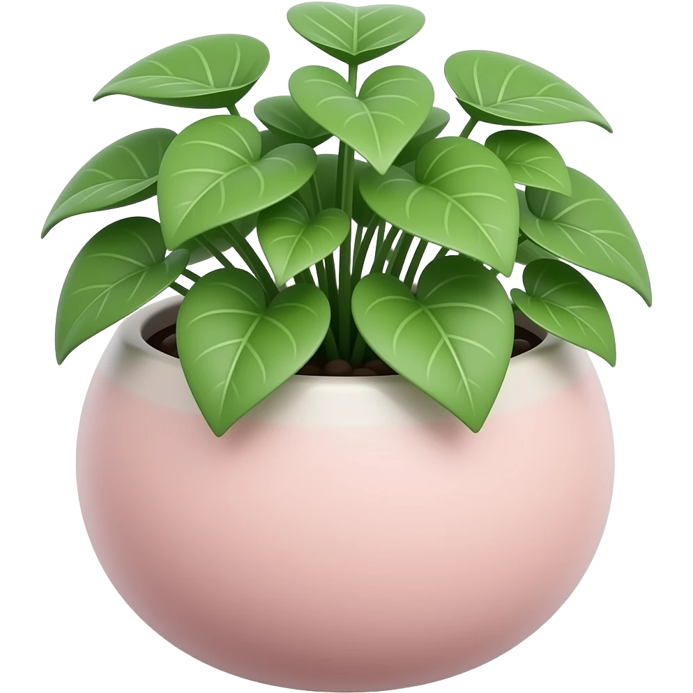 Create an elegant and decorative circular ceramic planter. The planter has a wide mouth and a low profile. It is glazed in pastel pink and contains a pothos plant. The background is white. Illustration style: cartoon – Art Deco – 2D emoji