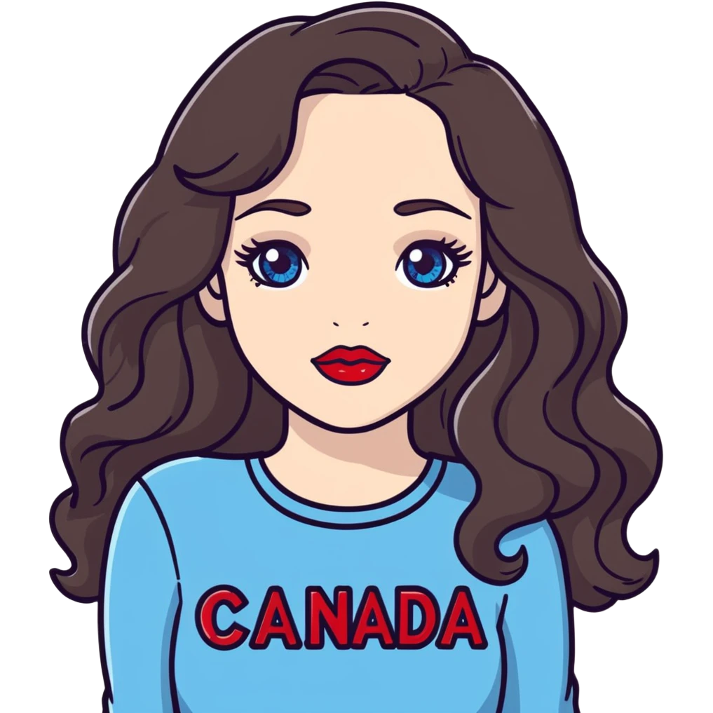 Female Dark brown wavy long hair pale skin light crystal blue eyes red lipstick wearing a long sleeve top that says the word Canada on the front  emoji