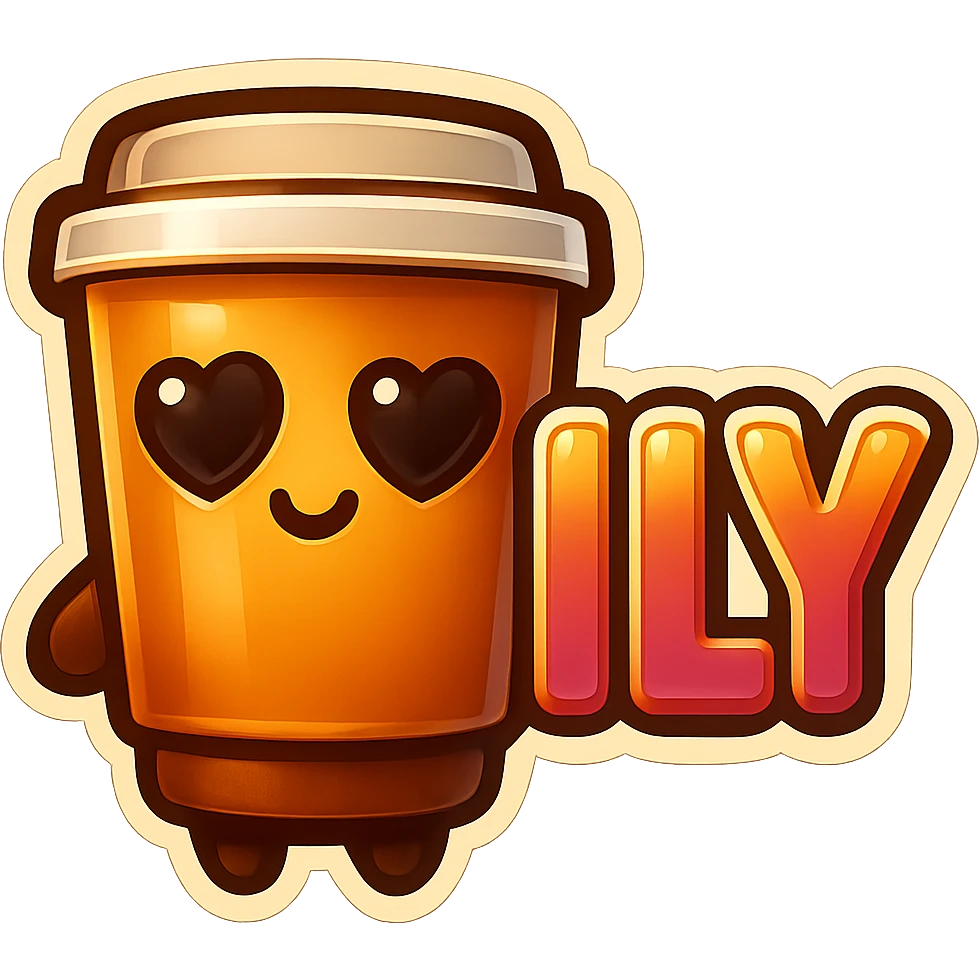 Tall coffee cup, no mouth, big heart eyes, giant sign "ILY" emoji