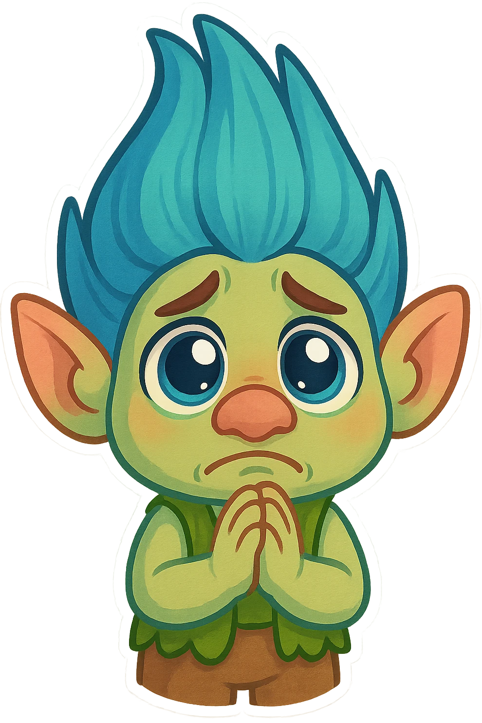 animated emoji of a troll with big eyes and a pleading gesture, looking for assistance, colorful and playful emoji