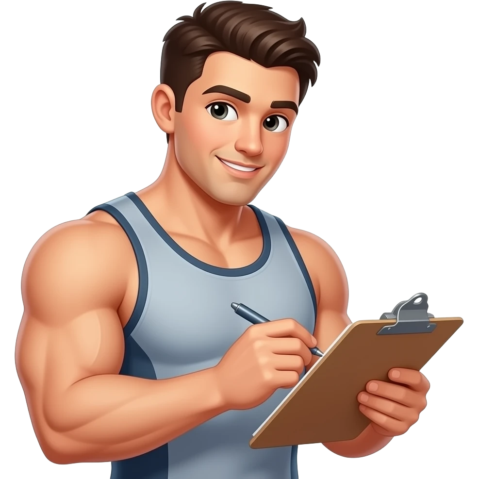 Gym bro holding a clip board close up. As a coach writing down a person running record emoji