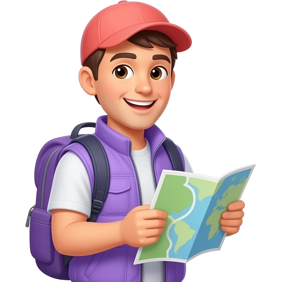 Smiling genderless emoji character, lilac vest and backpack, coral cap, holding a map, portrait, close-up, happy expression, Apple emoji style, predominantly lilac with coral accents emoji