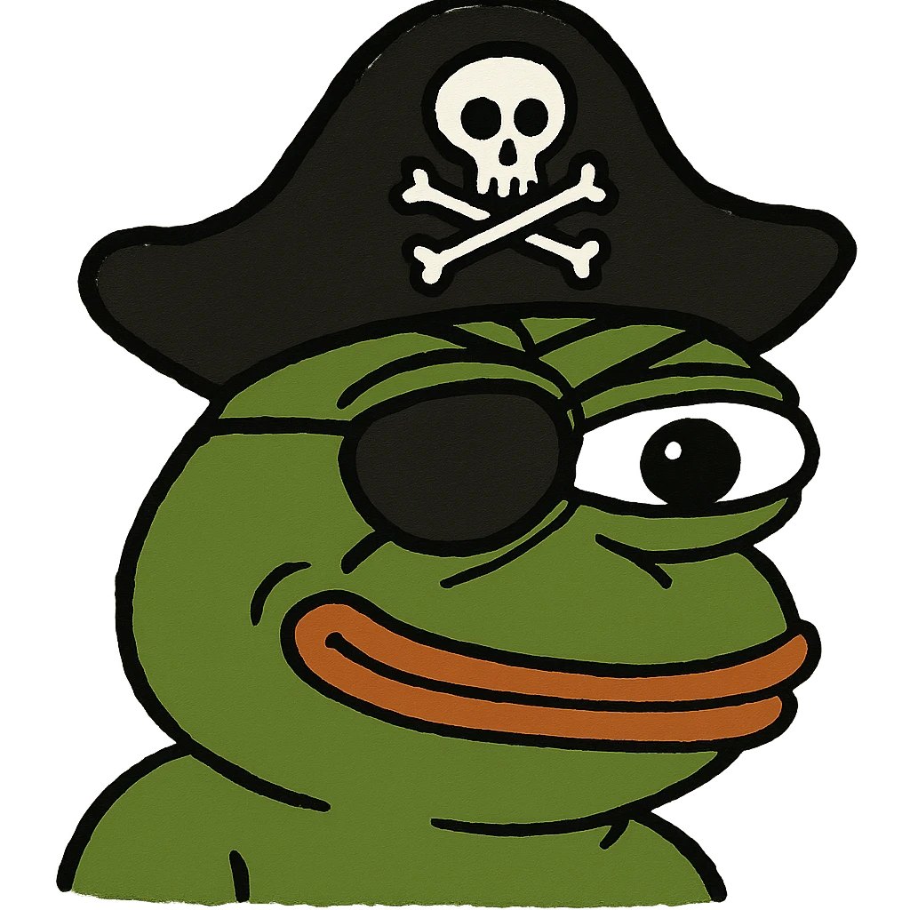 Pepe the Frog as a pirate with an eyepatch and hat, meme style emoji