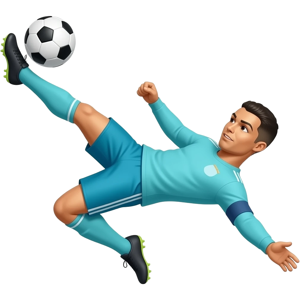 Cristiano Ronaldo con ropa azul turquesa haciendo una chilena Está saltando muestras está tumbado chutando a una pelota emoji