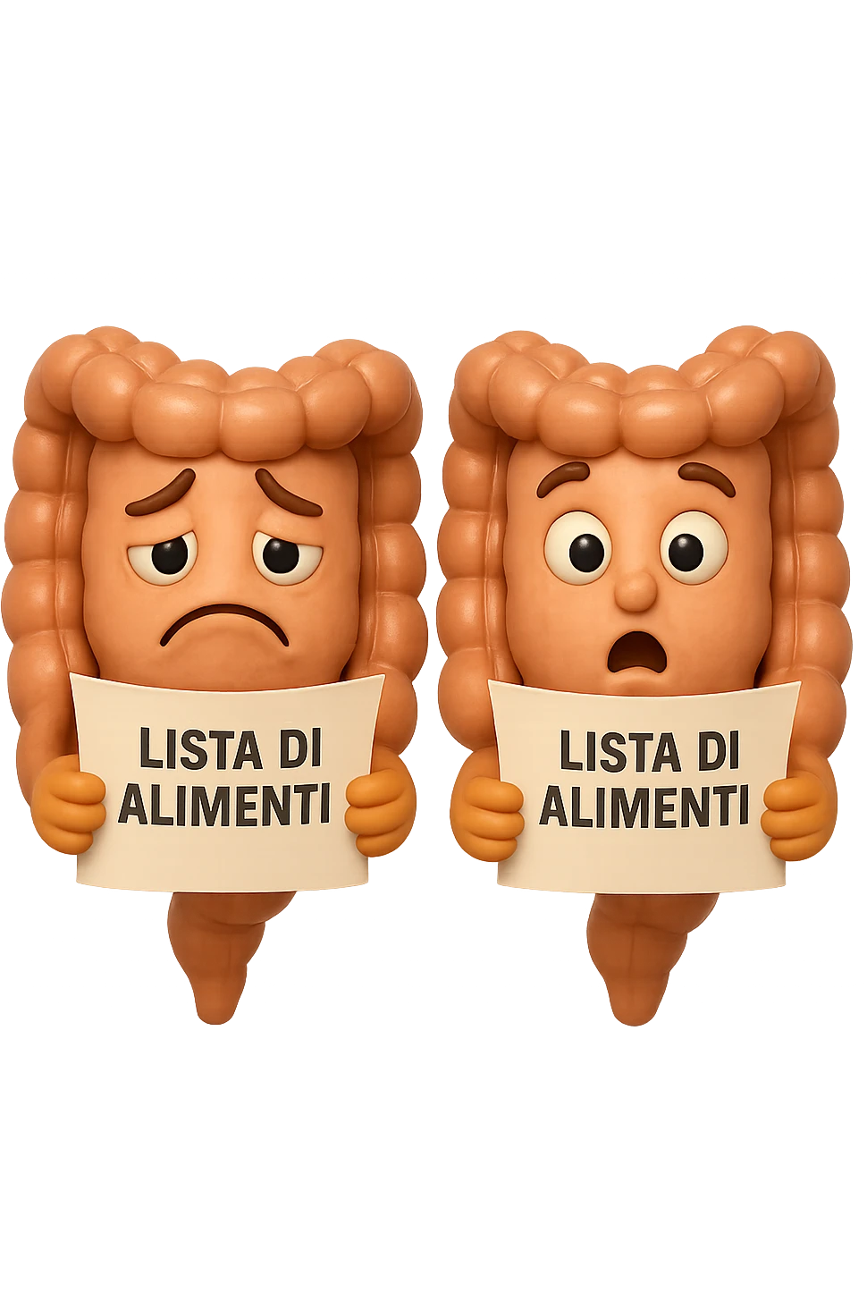 EMOJI STILE IPHONE DI UN INTESTINO CHE LEGGE UN FOGLIO CON LA SCRITTA "lista di alimenti" ed espressione triste in volto, ESPRESSIONE STUPITA IN VOLTO, IPERREALISTICO 4K emoji