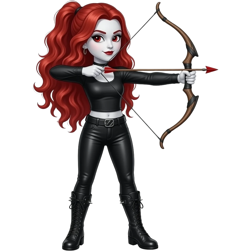 Vampiro femmina ADOLESCENTE con pelle bianca e capelli rosso ondulati lunghi in una coda che indossa dei pantaloni di pelle neri un top con maniche lunghe neroe degli stivali lunghi neri con scaglia una freccia con un arco da un albero emoji
