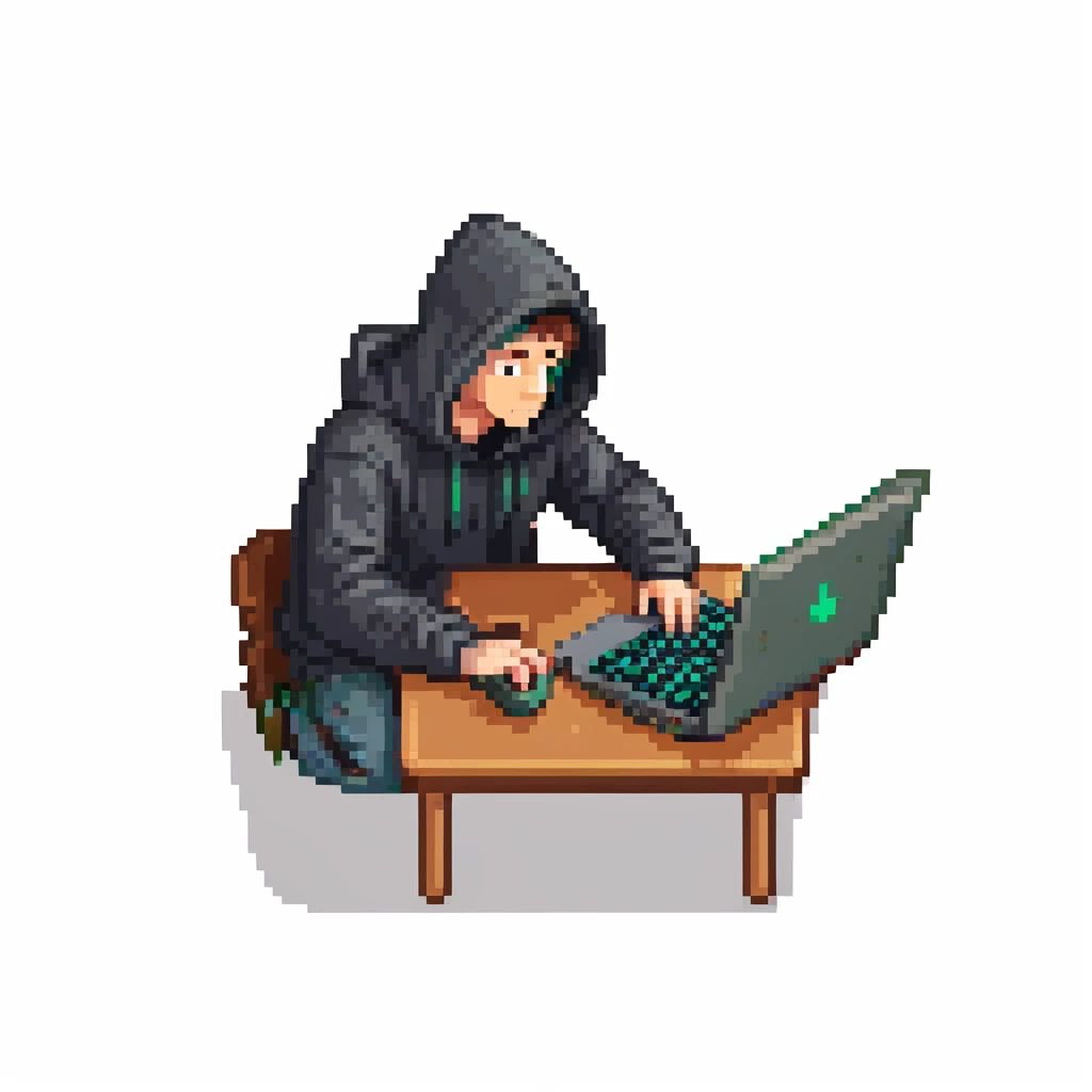 pixel art of a programmer in a dark hoodie, typing on a laptop, night setting emoji