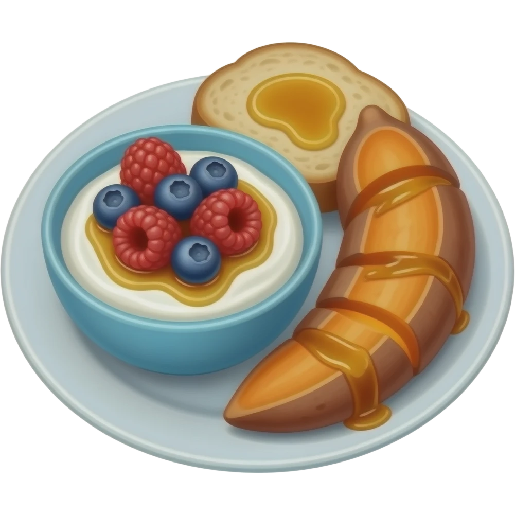 Realistic Plate with greek yogurt bowl topped with blueberries raspberries and maple syrup and sourdough slice topped with a lot of olive oil and a sweet potato on the side HD emoji