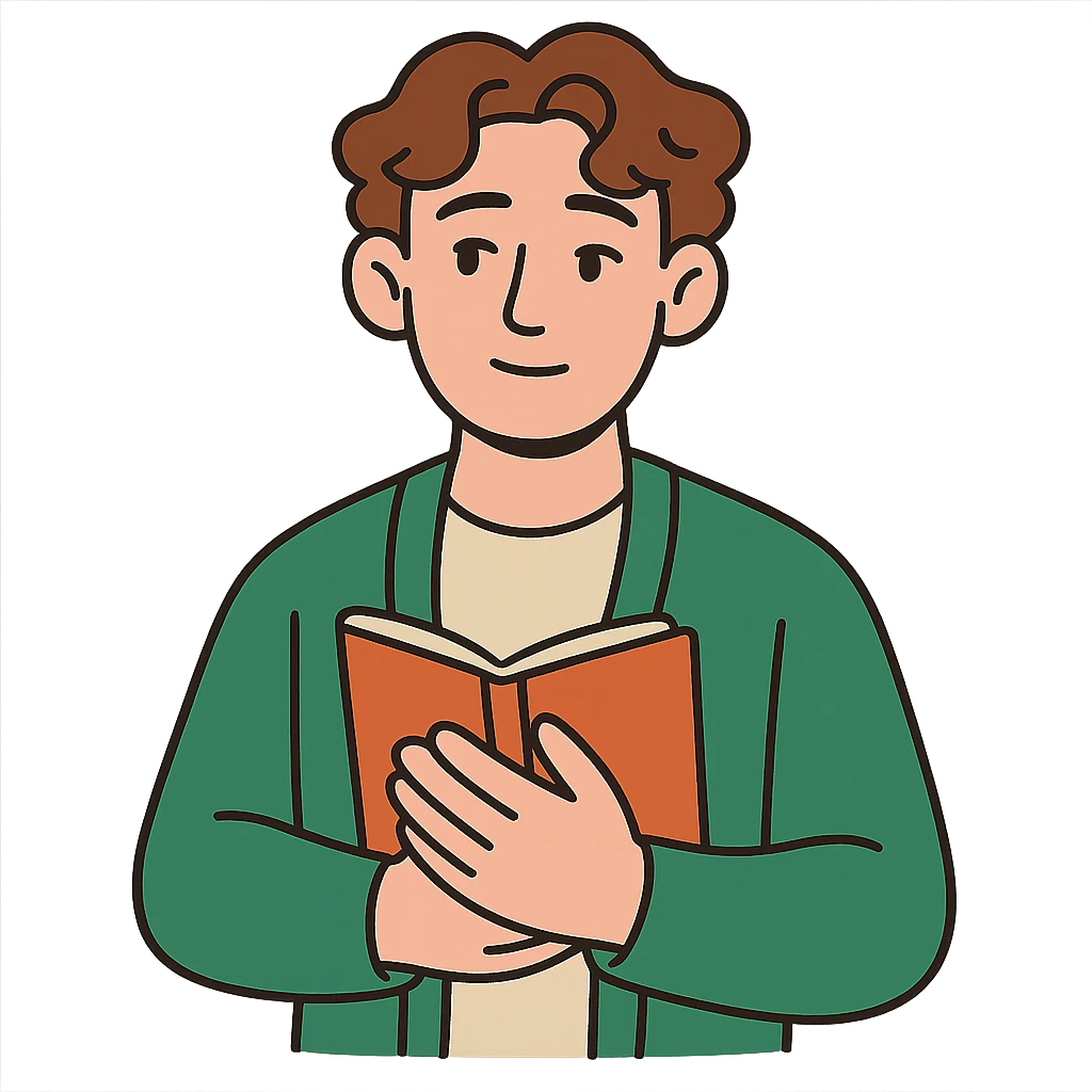 Calm and thoughtful male confidant, fair skin, soft wavy brown hair, gentle eyes, wearing a green cardigan over a light shirt, holding an open journal close to chest, waist-up, front-facing, pure background emoji