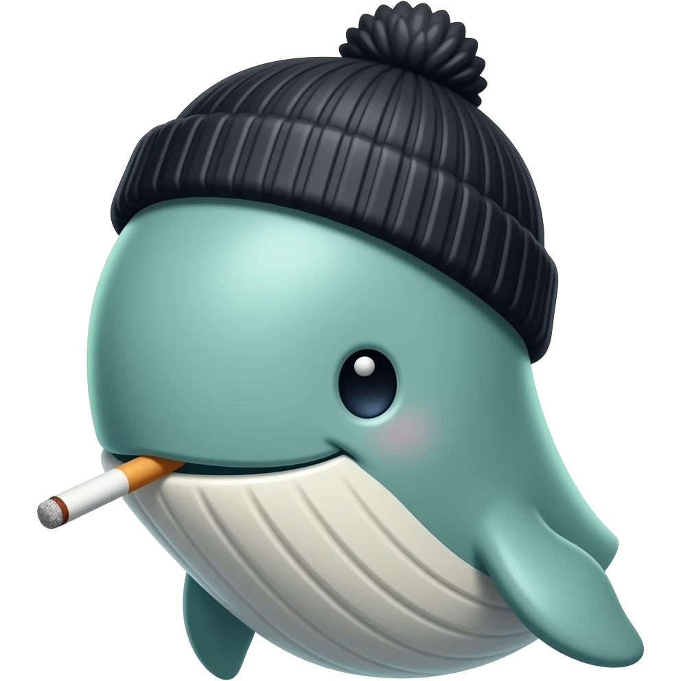 A cartoon-style anthropomorphic whale with light green skin. He wears a black beanie and has a cigarette with green smoke. The style is bold meme/cartoon art with strong outlines and a subtle green glow, creating a relaxed but powerful “smart crypto whale” vibe. emoji