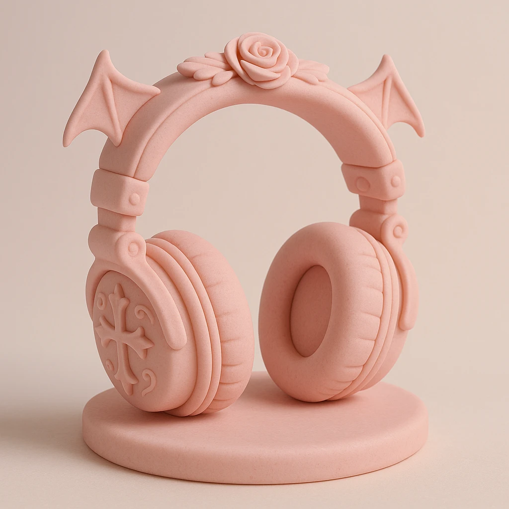 pink gothic headphones with sculpted gothic decorations and pastel pinks emoji