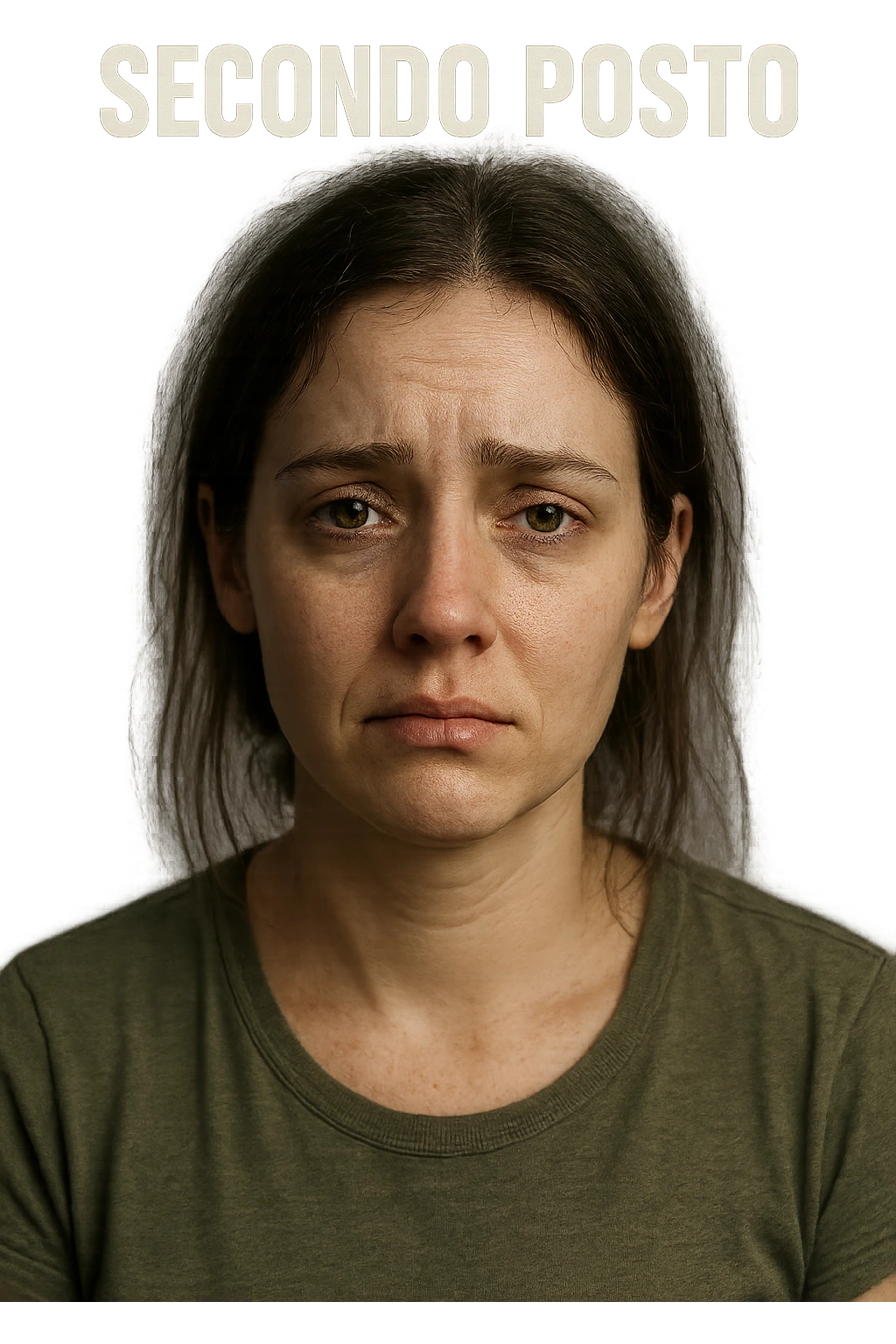 DONNA CON LA SCRITTA "SECONDO POSTO" SULLA TESTA, LEI HA L'ESPRESSIONE TRISTE, COME SE FOSSE SEMPRE SECONDA NELLA VITA, iperrealistico 4k emoji