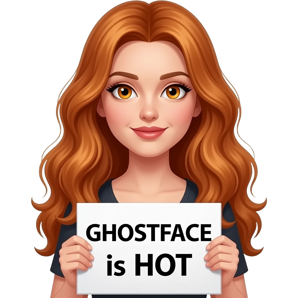 sexy girl with long wavy ginger hair and ginger eyes wearing a top is holding a GHOSTFACE is HOT sign emoji