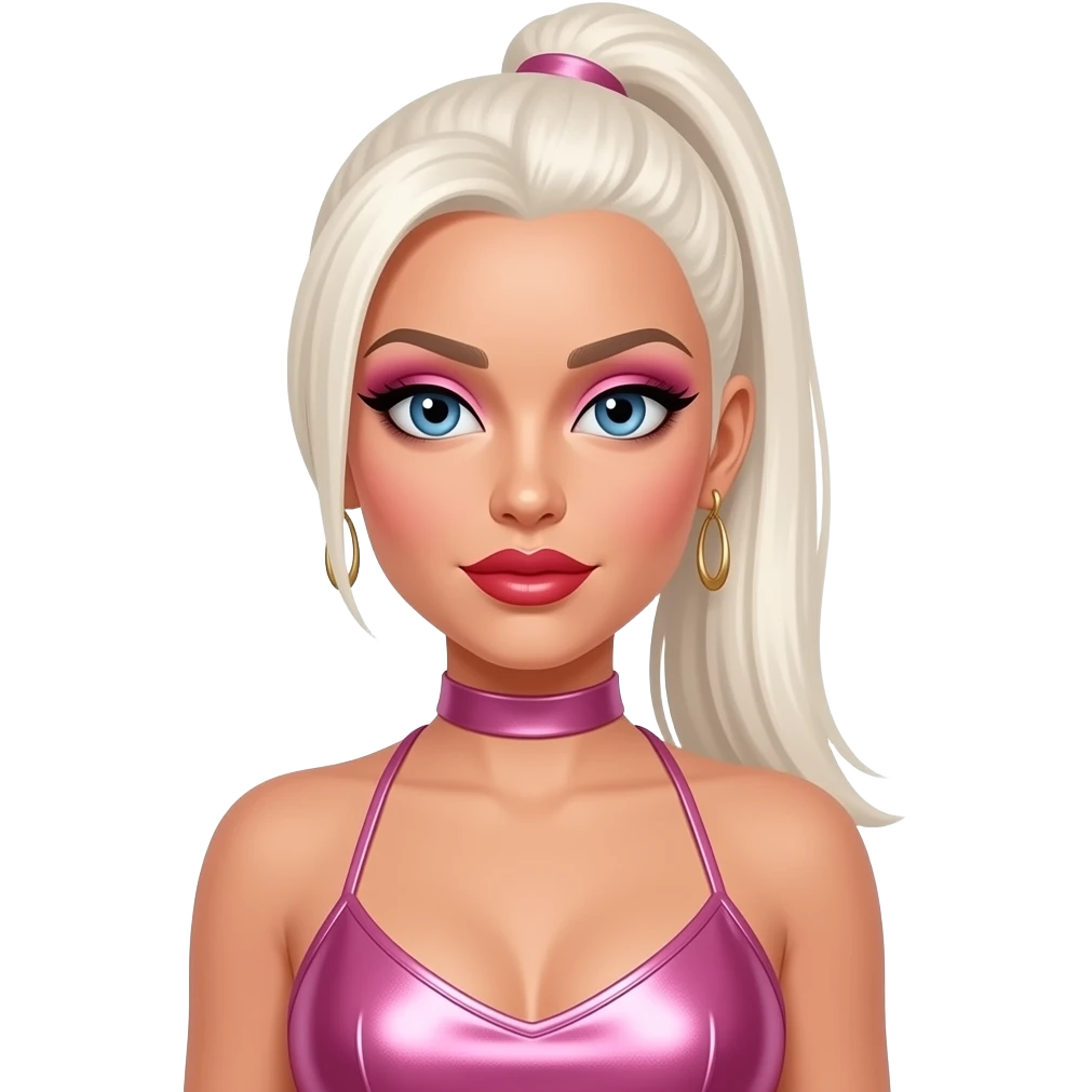 Kimberly Wyatt from The Pussycat Dolls with blue eyes, long white blonde 2000s straight high ponytail hair, pink eyeshadow, red lipstick, pink metallic halter dress, earrings emoji