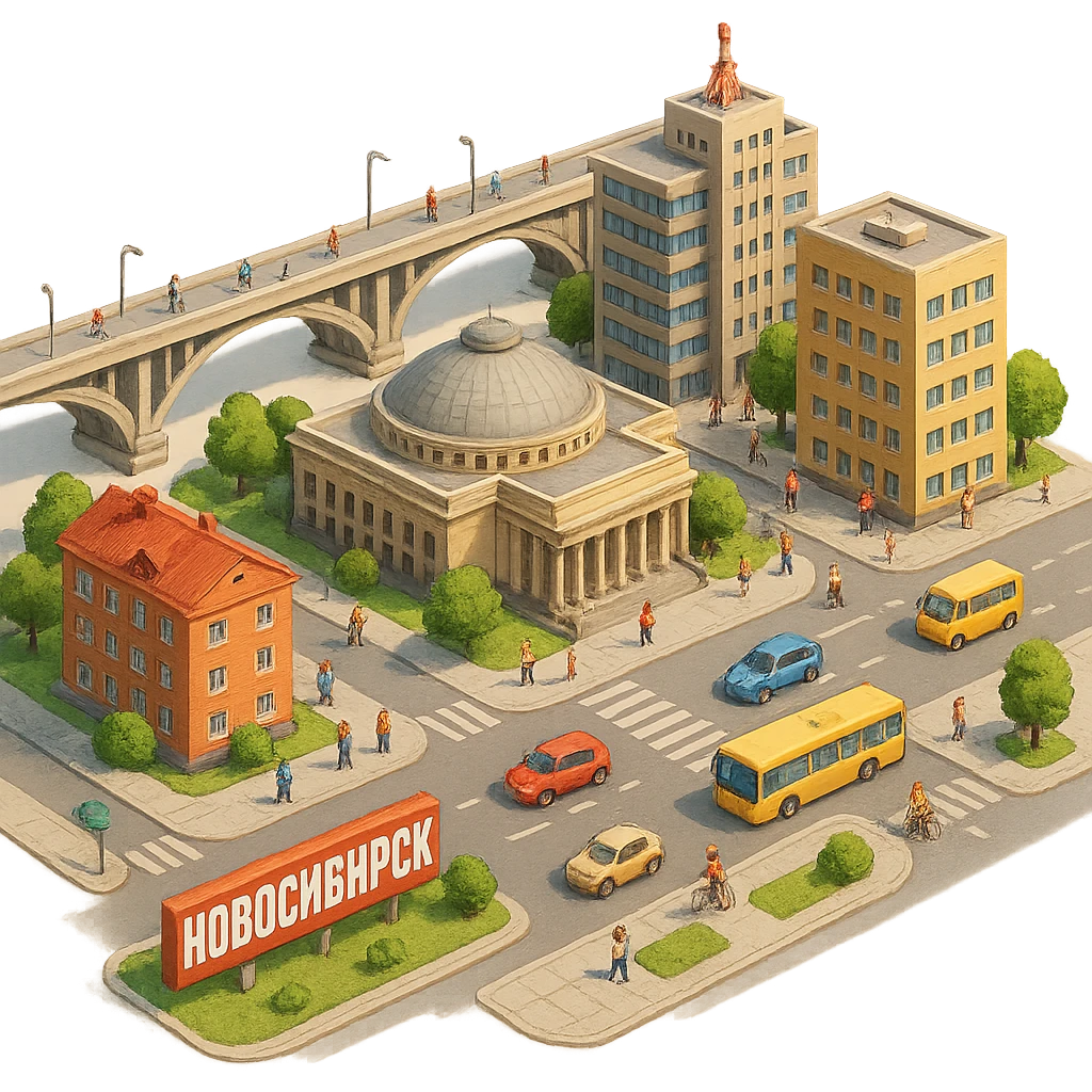Изометричная миниатюрная фотореалистичная 3D модель Новосибирска, четкая детализация, яркие цвета, мультяшный реализм, люди, автотранспорт, компактная композиция, вид сверху в изометрии, прозрачный фон emoji