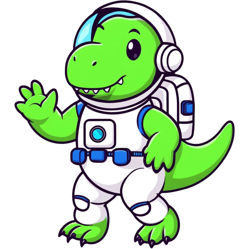 cartoon sticker of a t-rex astronaut waving, stars in background emoji