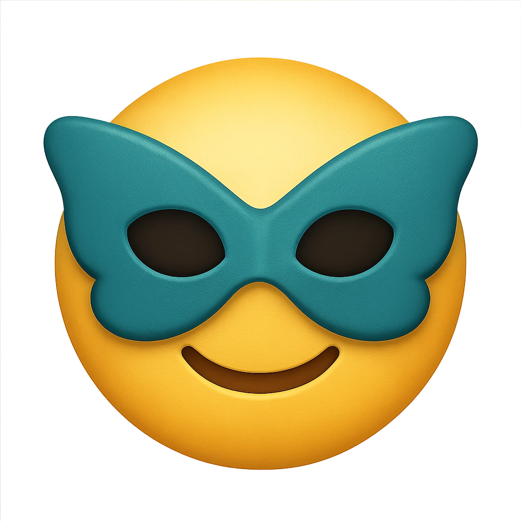 yellow face with teal butterfly mask emoji, digital illustration emoji