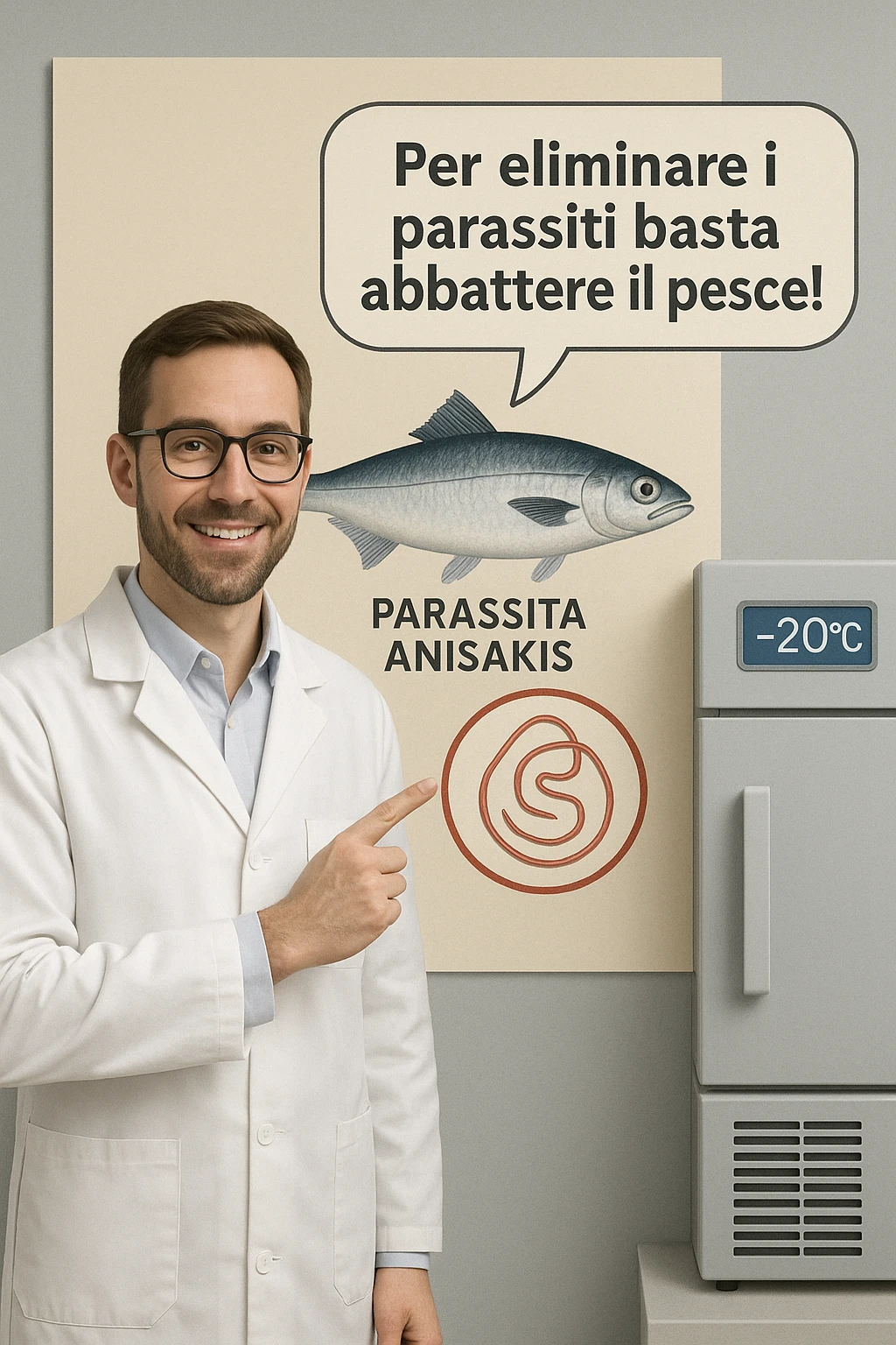  a scientist in a white lab coat stands beside a large poster showing a fish and a diagram of the Anisakis parasite. The scientist points to a speech bubble that says, “Per eliminare i parassiti basta abbattere il pesce!” In the background, a blast freezer is visible, with a temperature gauge set to -20°C. The mood is informative and reassuring. In italiano emoji