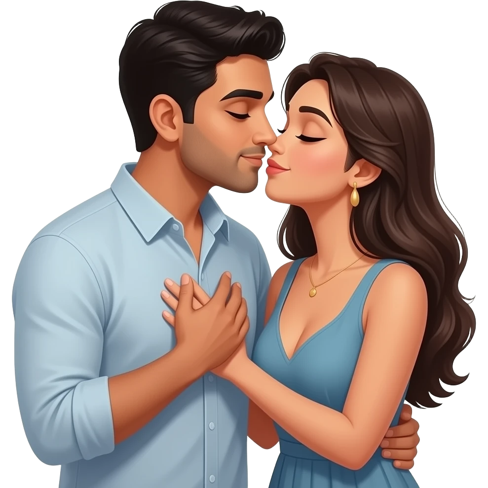Husband kissing wife lovingly Indian couple modern casual dress. Husband hand on wife chest. Lady low neck, husband no beard no moustache emoji