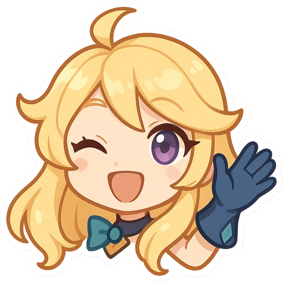 chibi style Gwen from League of Legends, only head, right eye purple, one hand waving with glove, big smile, energetic pose, yellow hair emoji