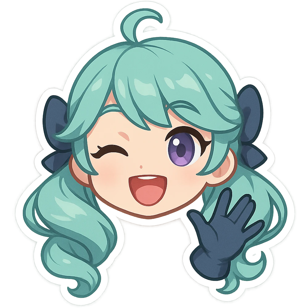 chibi style Gwen from League of Legends, only head, right eye purple, one hand waving with glove, big smile, energetic pose, green hair emoji