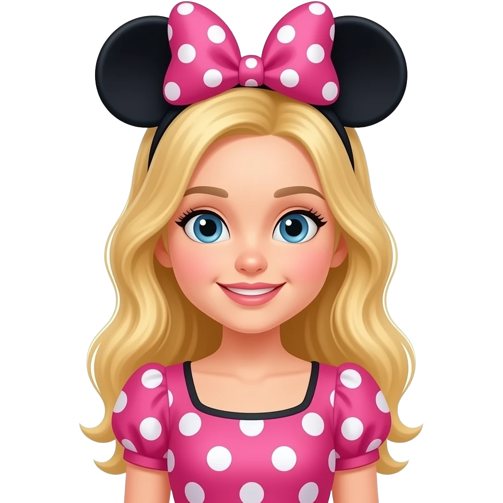 Gorgeous long blonde hair eye girl wearing pink minnie mouse dress up costume emoji