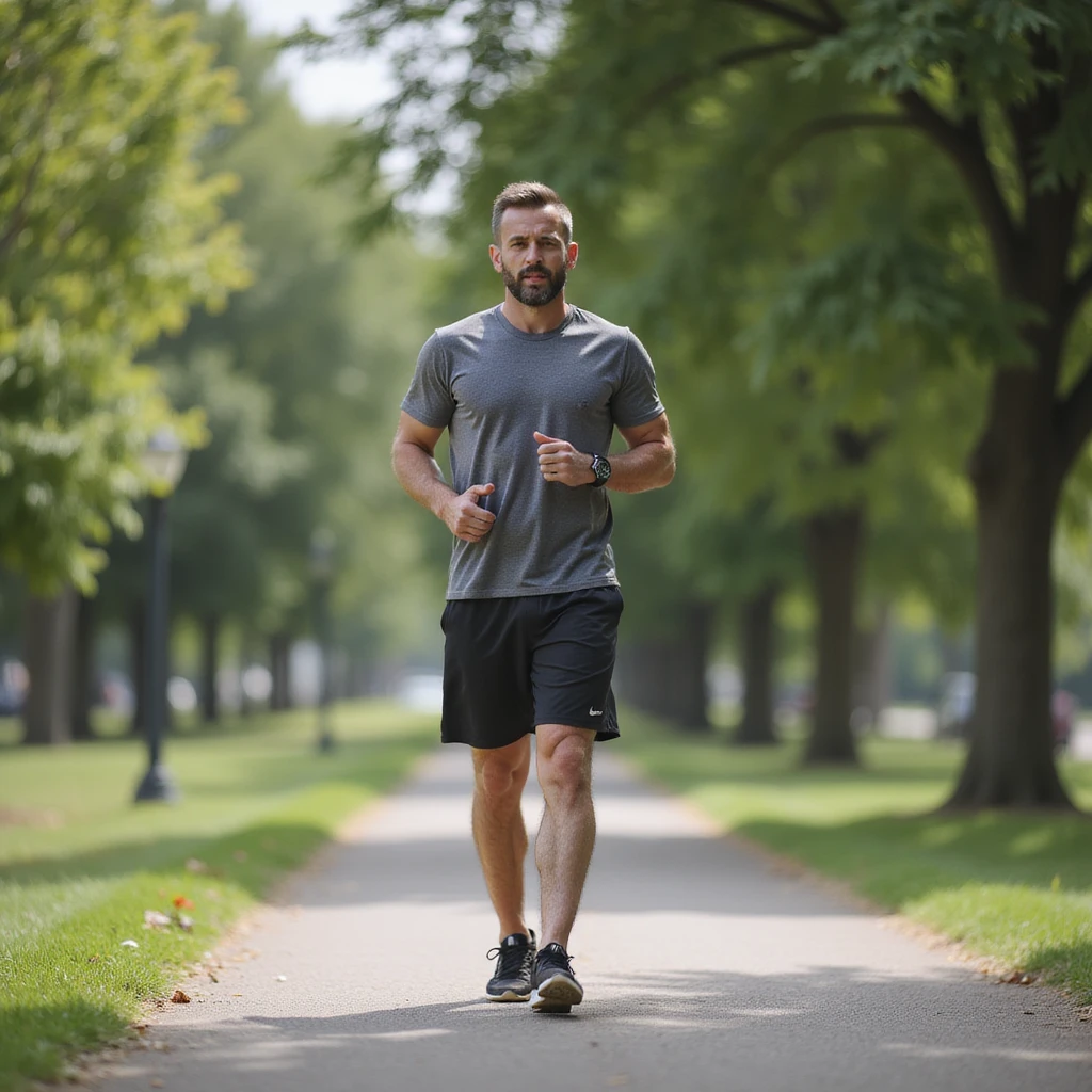 vertical photograph of a man practicing fasting to regenerate the body, man walking in a park, sportswear, fresh air, realistic style emoji