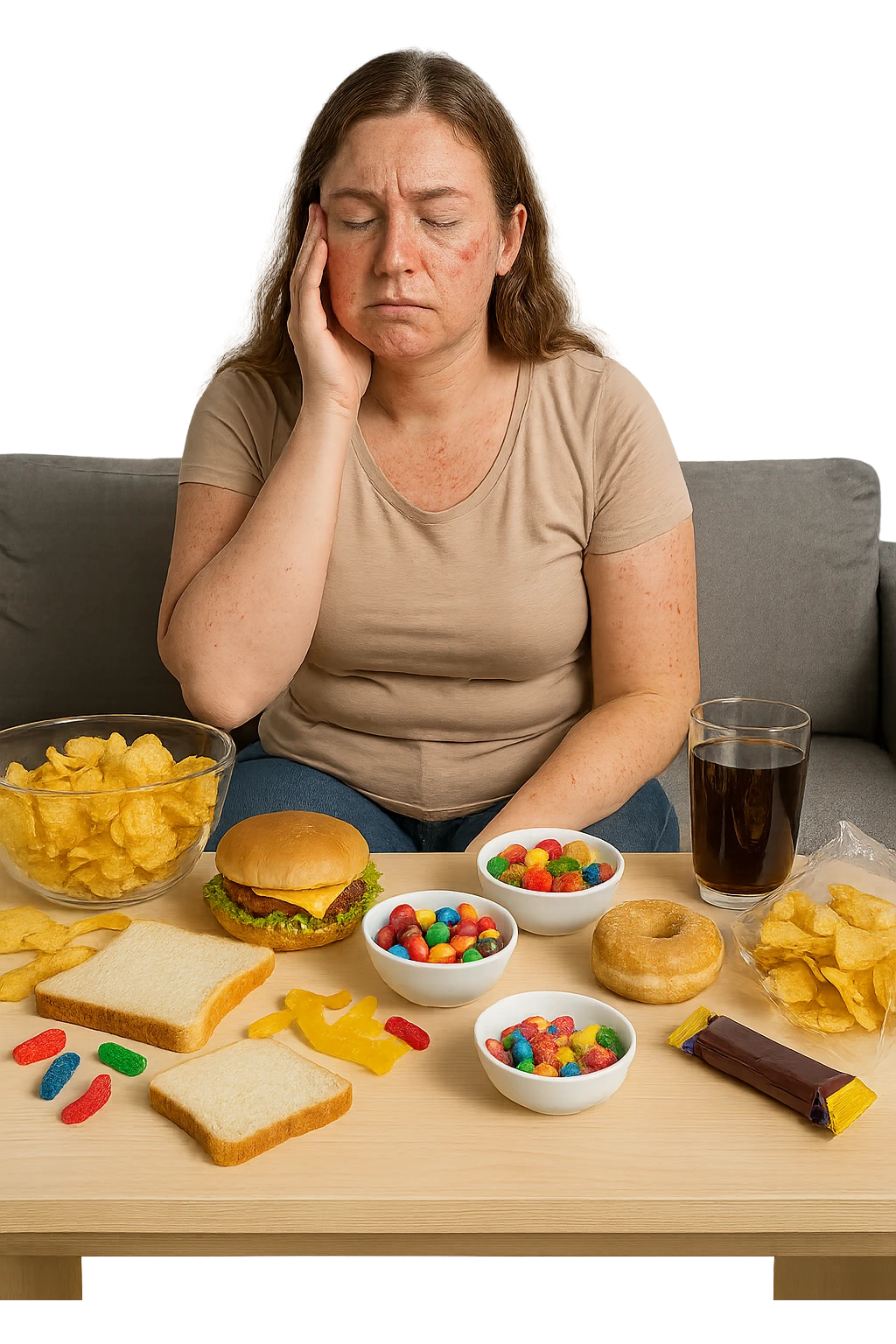 Donna tra i 25 e i 35 anni seduta sul divano o a un tavolo disordinato, circondata da cibi sparsi e poco sani: patatine, dolci, pane bianco, snack confezionati, bibite. con infiammazione e squilibri ormonali emoji