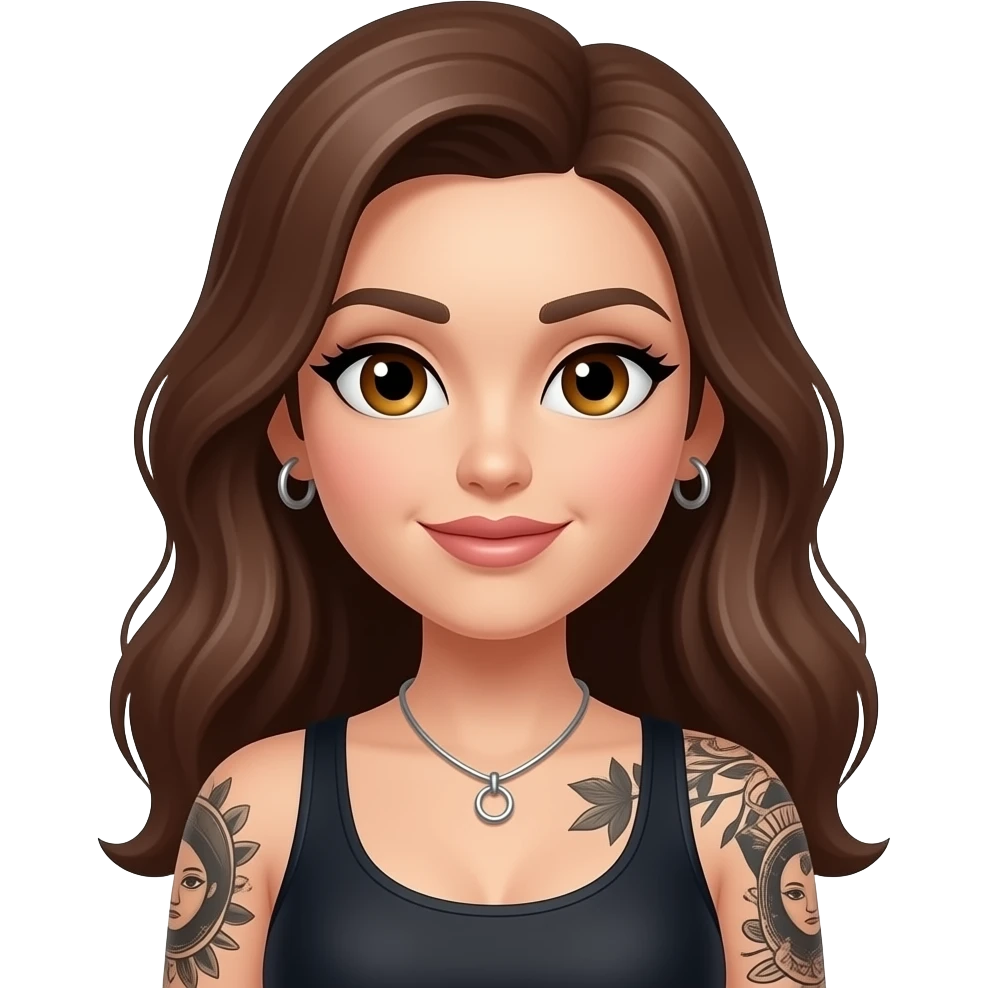Stylized emoji pin-up woman with hazel eyes, long brown hair, and detailed tattoo sleeves. Include small metallic barbell-style body jewelry, tastefully integrated and non-explicit. Confident expression, smooth glossy rendering, soft lighting, clean background. emoji