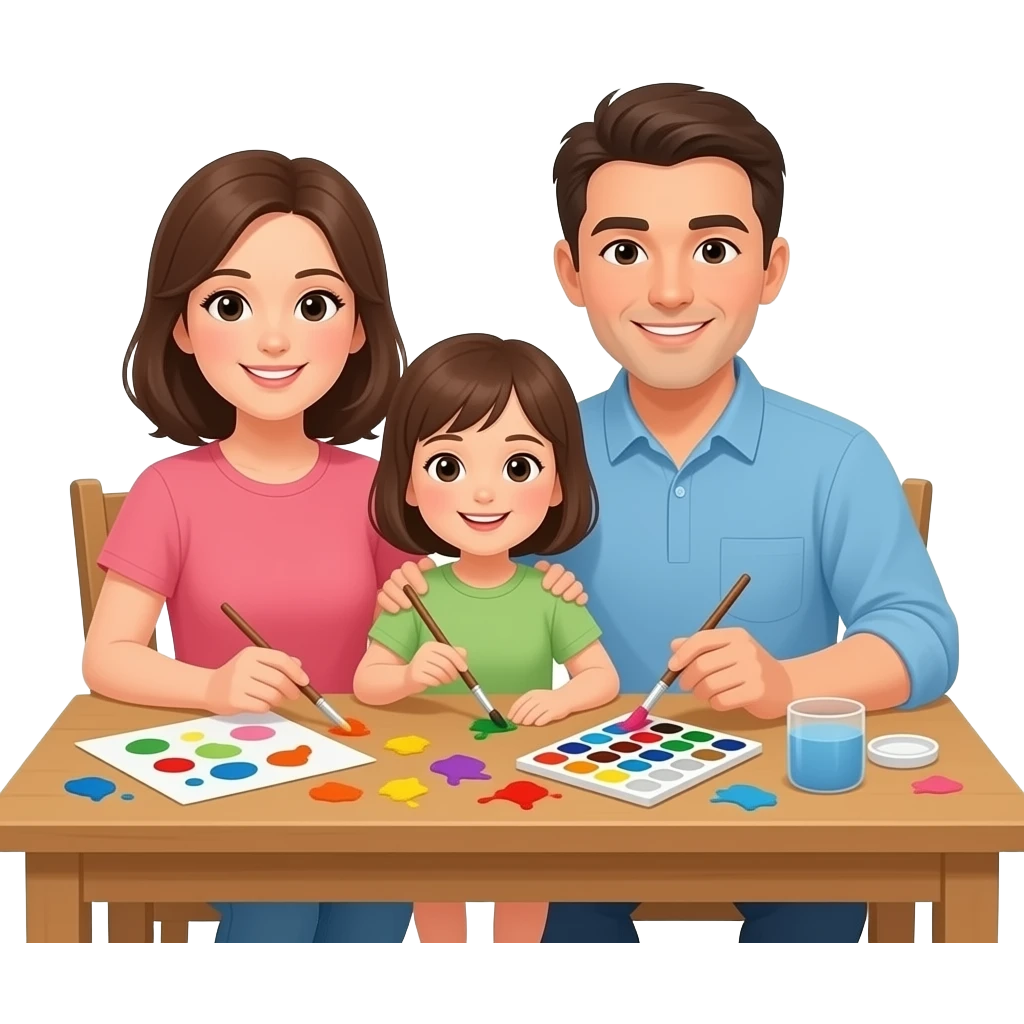 family doing painting on table together and paints on the table emoji