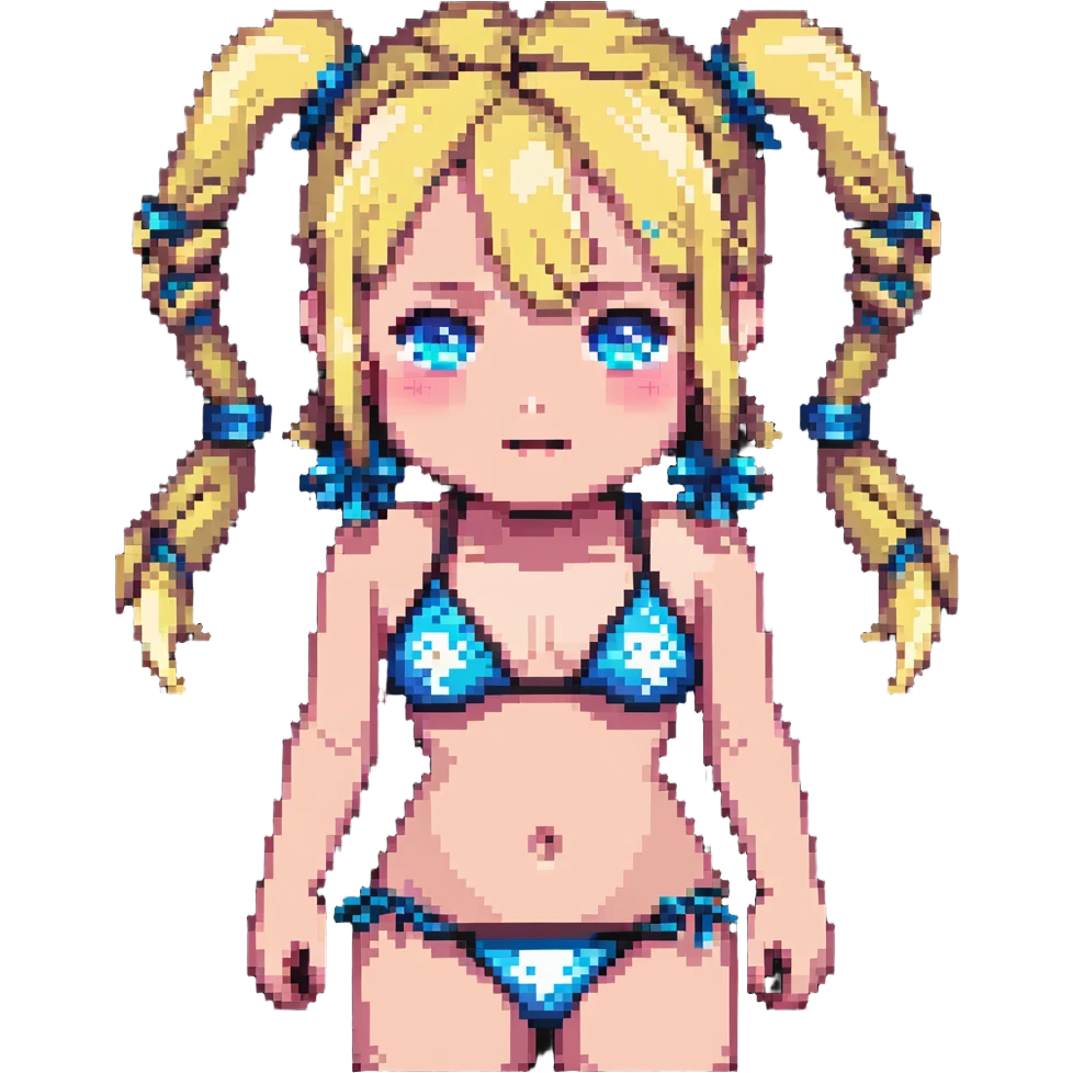 Blonde girl with pigtails, blue eyes, wearing a bikini, cute pixelated character emoji