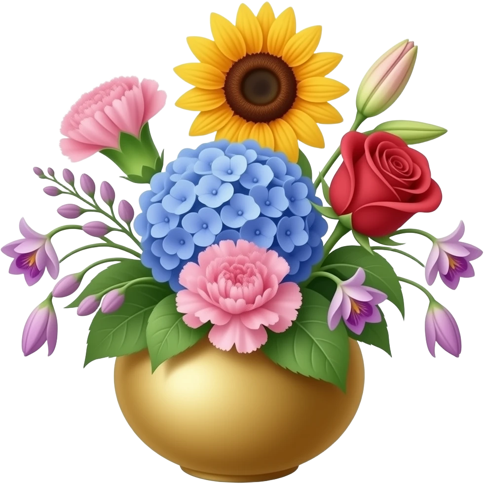 a bunch of flowers in a gold vase with little purple orchids, a pink carnation, a blue hydrangea, a red rose, a sunflower and a lily emoji