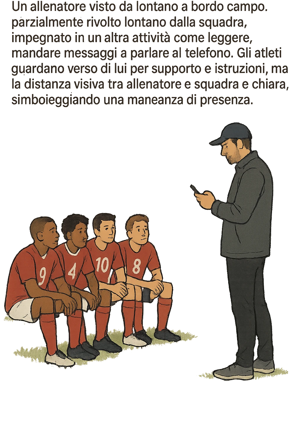 a coach is seen far away on the sidelines, partially turned away from the team or group, engaged in another activity (like reading, texting, or talking on the phone), while the athletes look toward them for support or instruction. The distance between coach and team is visually clear, symbolizing lack of presence. in italiano emoji