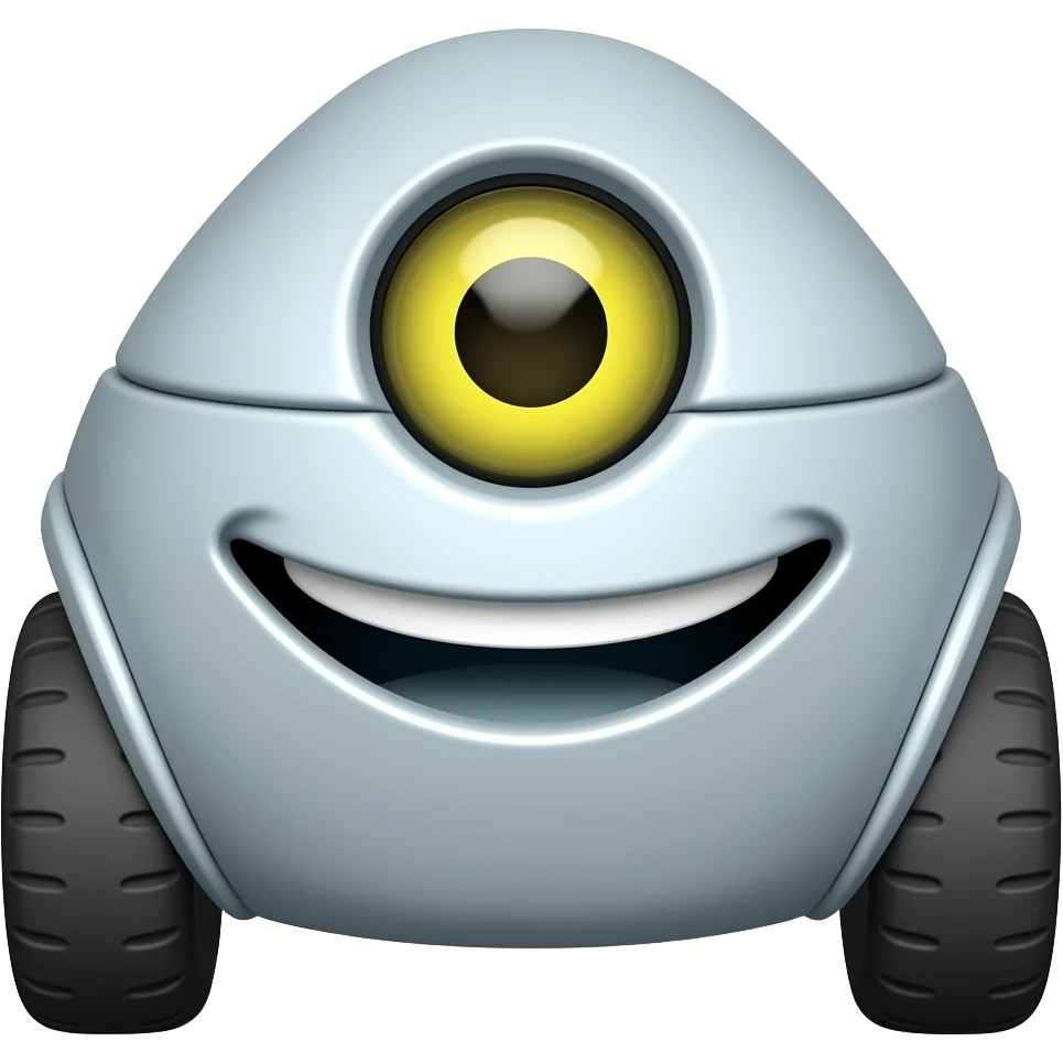 Wheeled smooth shape robot with a big funny smile and a yellow eye emoji