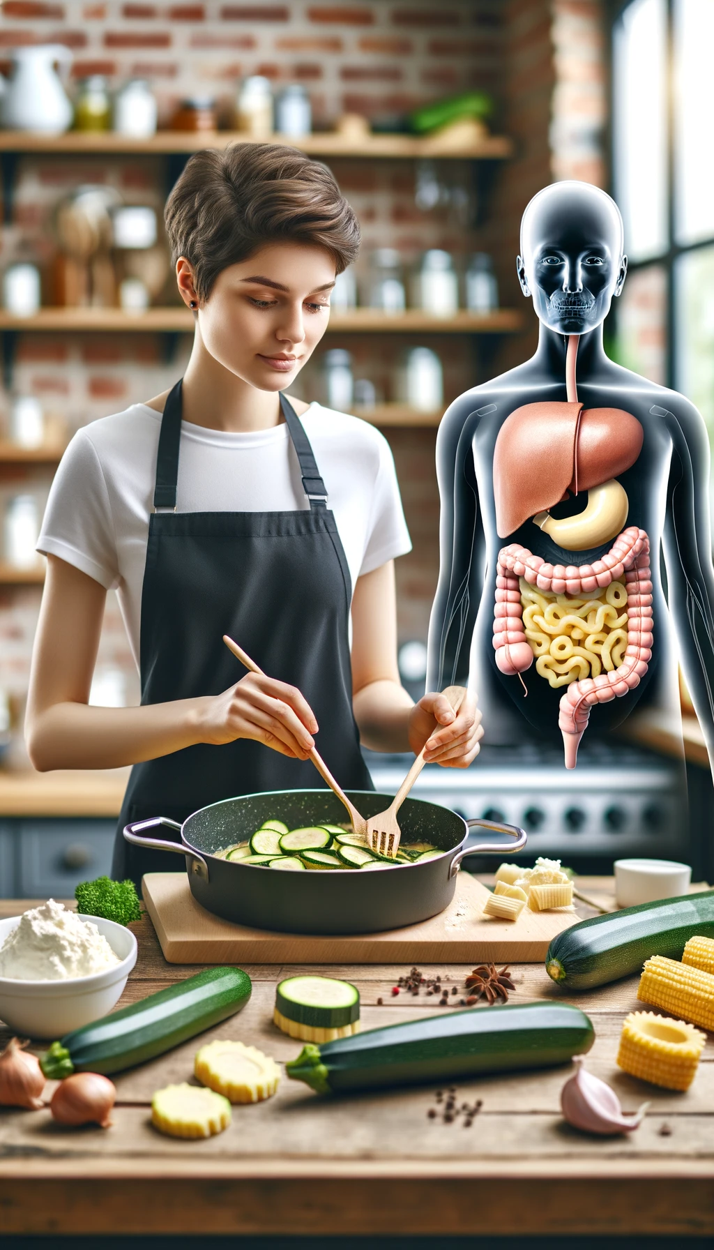 corpo umano con capelli corti con grembiule nero che cucina una ricetta con zucchine, gnocchi e ricotta, intestino realistico in evidenza, cucina sfocata sullo sfondo emoji